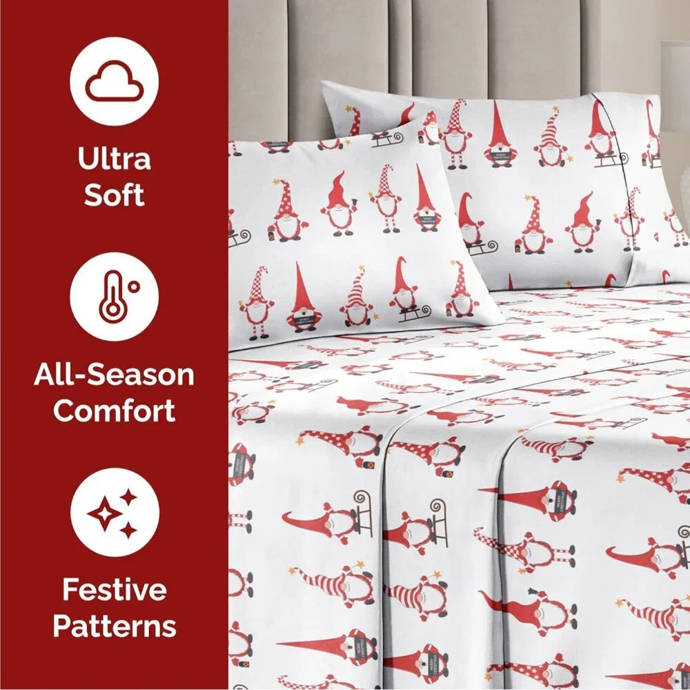 Twin Holiday Gnomes Red Sheet Set - Ultra Soft Christmas Bedding - Wrinkle Free